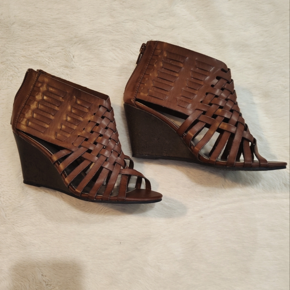 American Eagle By Payless Brown Woven Peep-Toe Wedge Sandals